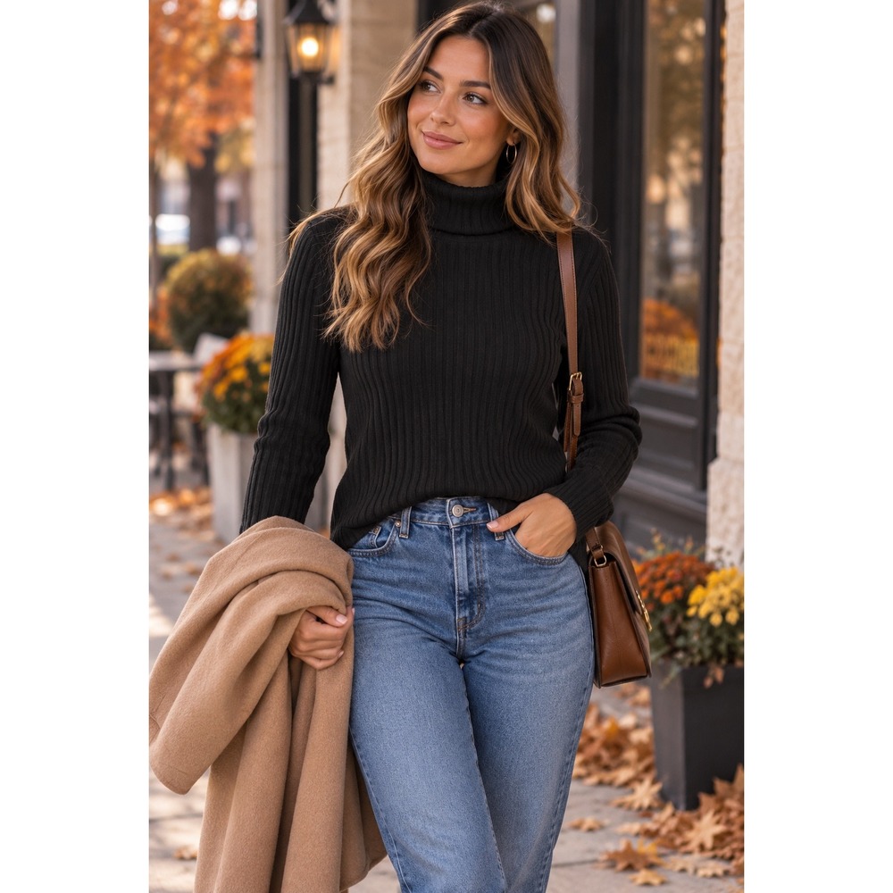 Womens Black Ribbed Turtleneck Long Sleeve Mock Neck Knit Top 1XL